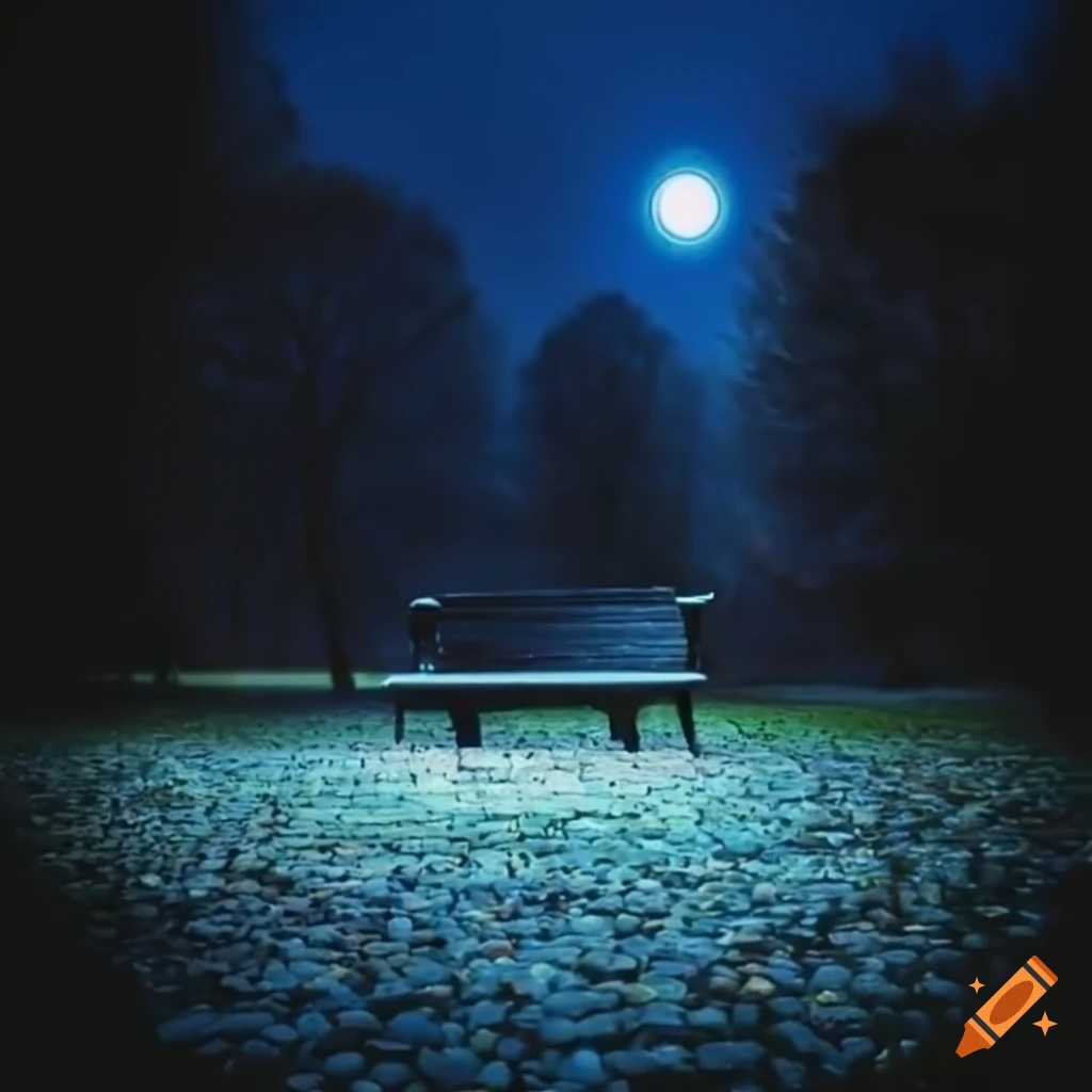 Bench in a park at night