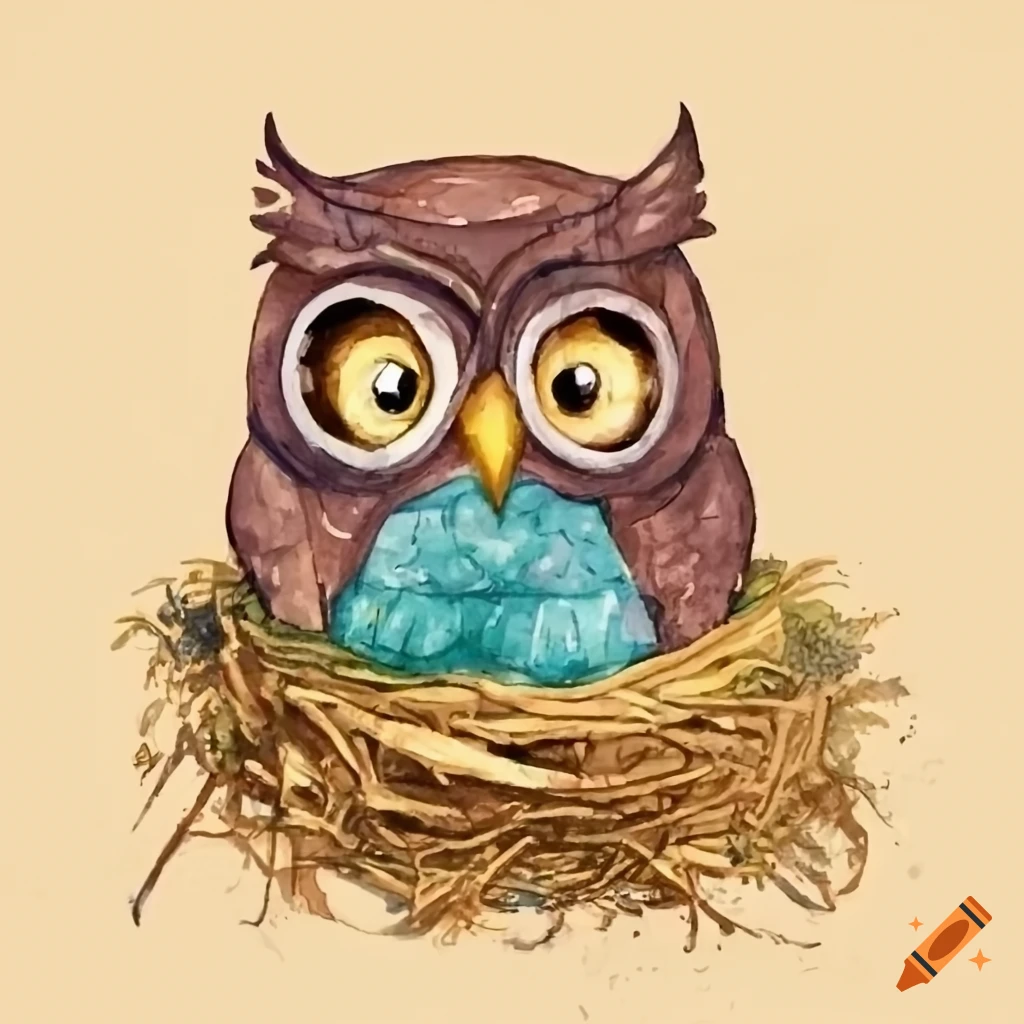 Cartoon owl in a cluttered nest