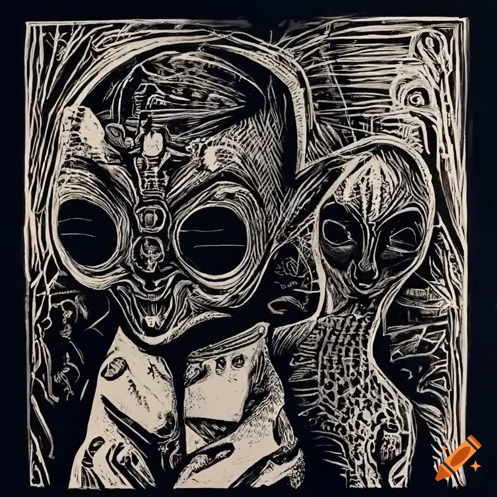 4k linocut men surrounded by strange objects in surreal alien animal mask family