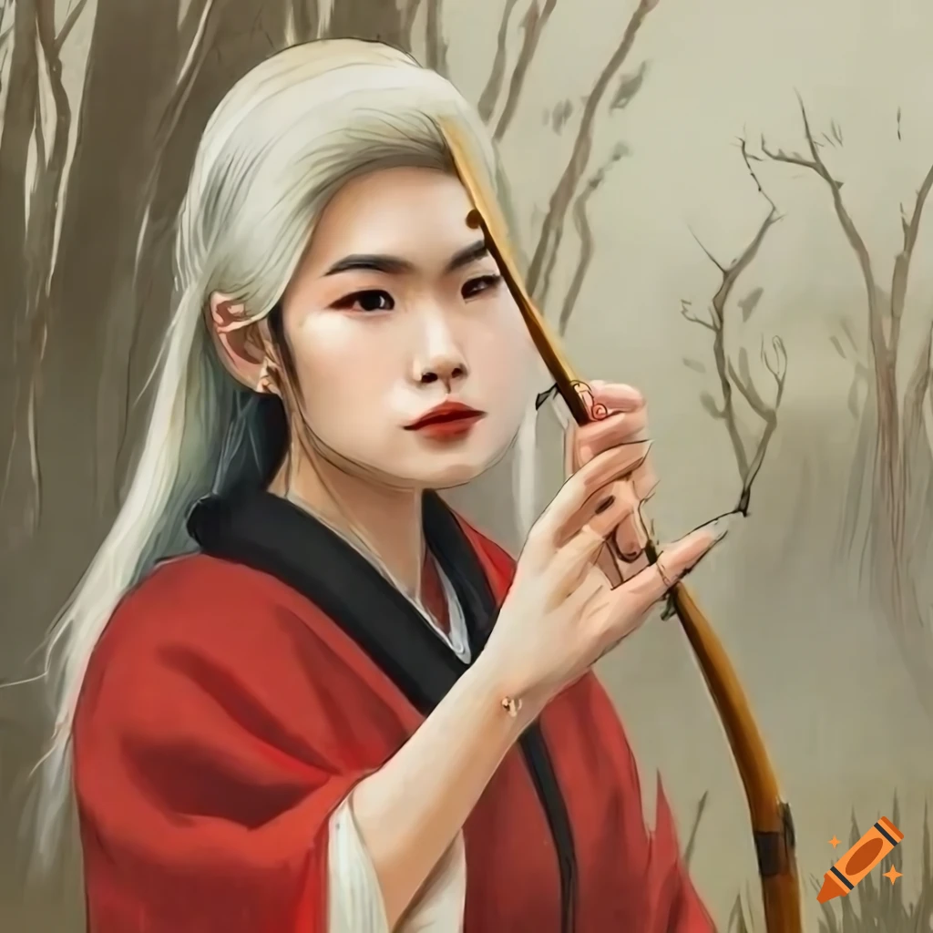 Young Asian woman with platinum blonde hair and black eyebrows hunting with bow and arrow in a gentle wood tundra landscape in ukiyo-e style