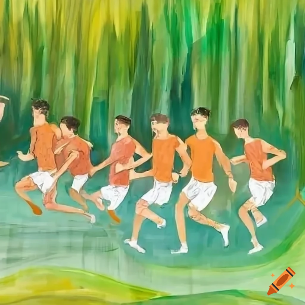 Group of men in orange shirts and white shorts running in a green landscape by a river