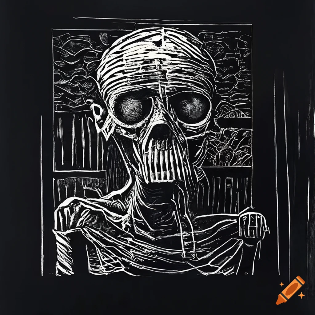 Men surrounded by mysterious objects in a surreal factory in 4k linocut style