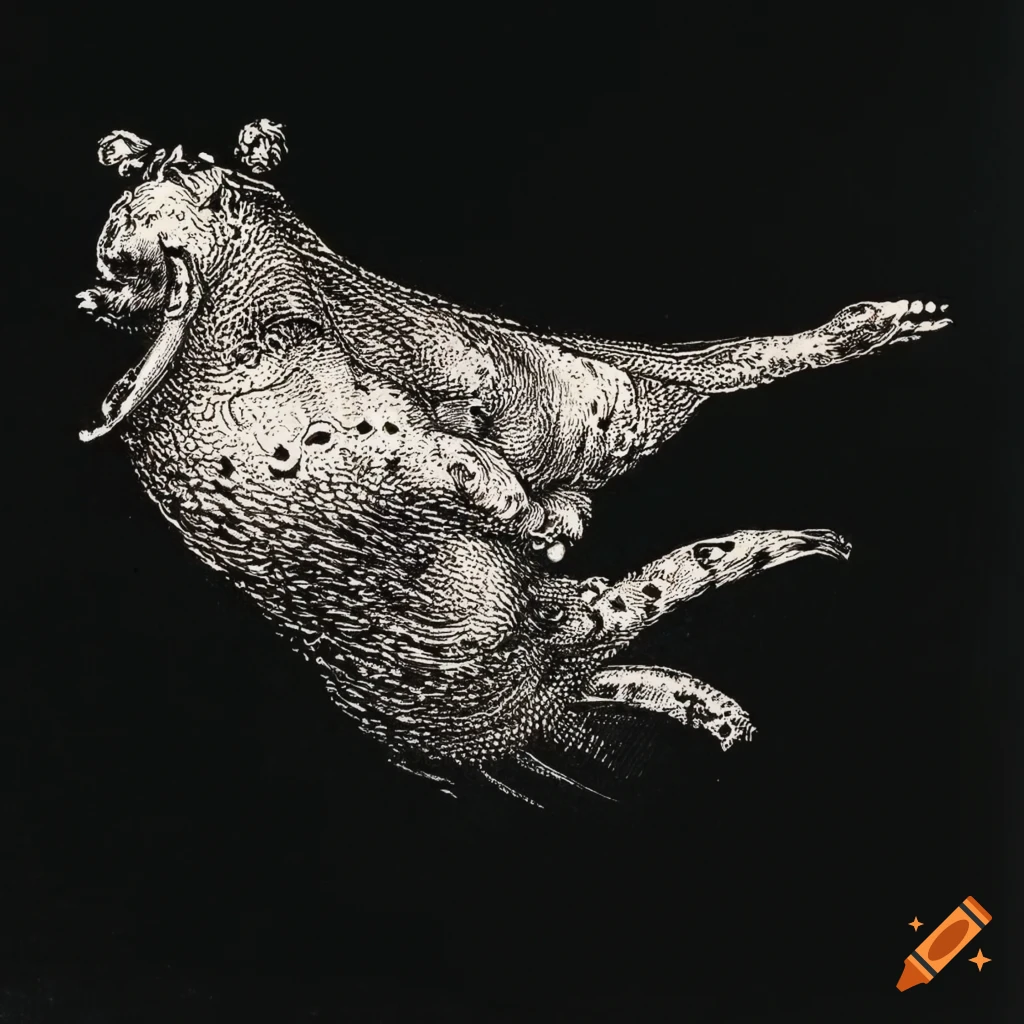 Human-like sea slugs flying in the sky in 15th-century style