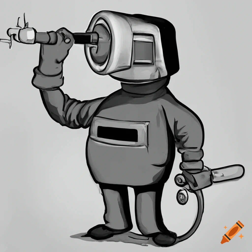 1930's style cartoon welder in black and white