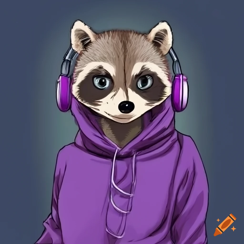 Raccoon wearing purple sweater and headphones
