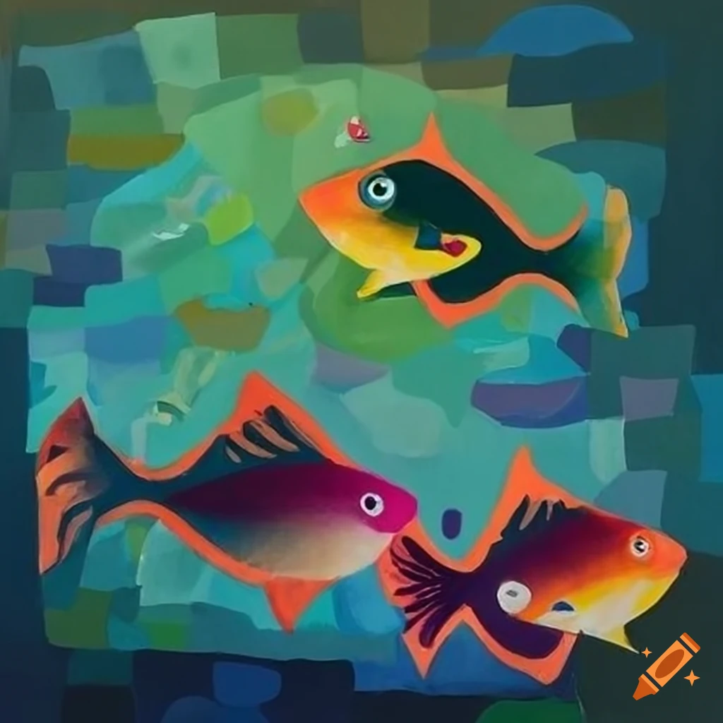 Three fish in a pond depicted in cubist style