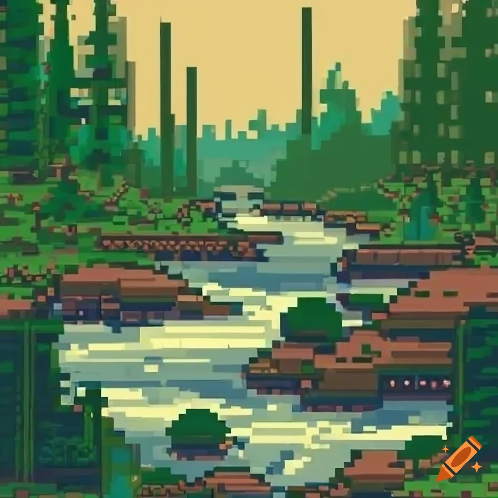 Retro 8 bit creek with horsetails and young conifers in video game style