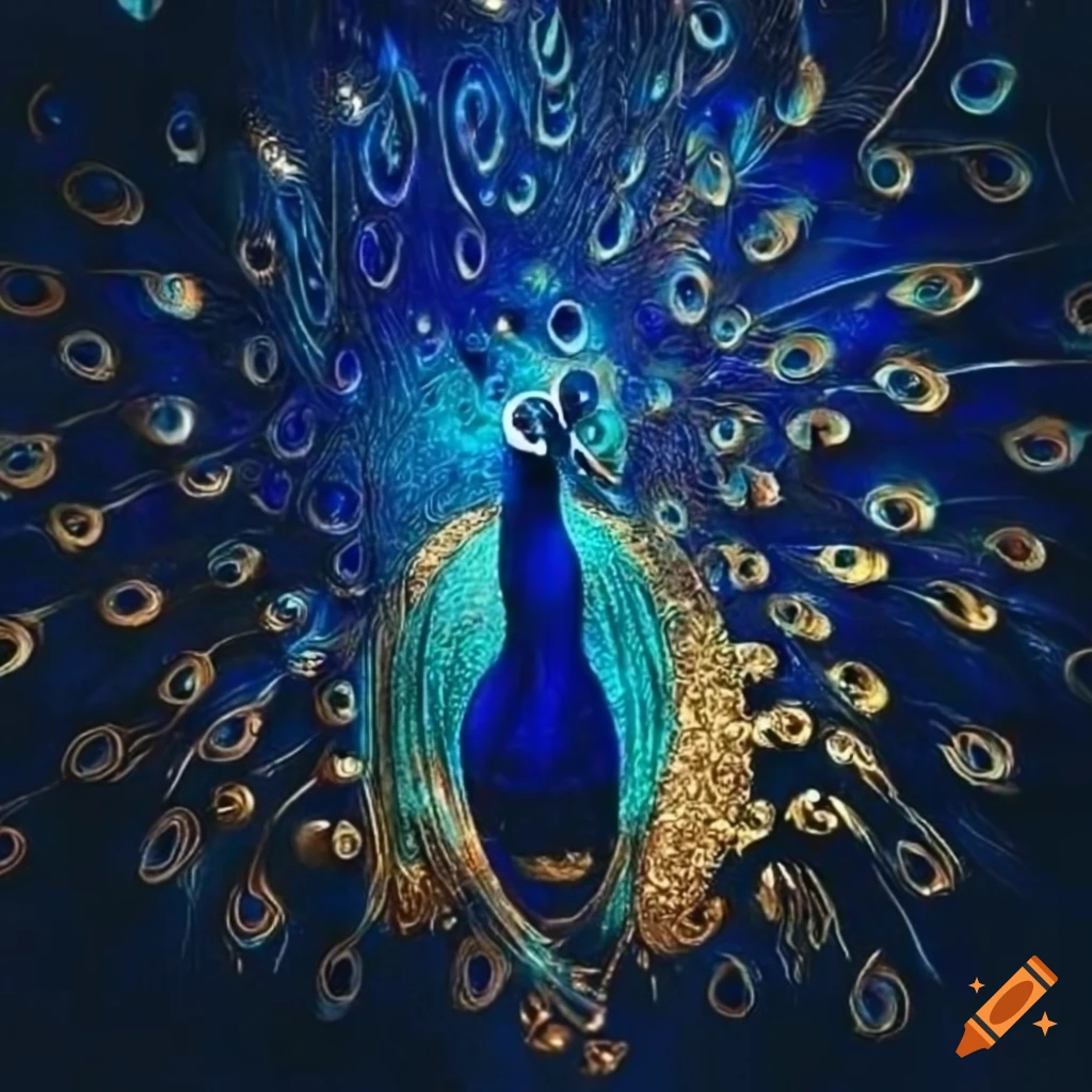 Dark blue metallic peacock with gold elements in spiritual expressionism style