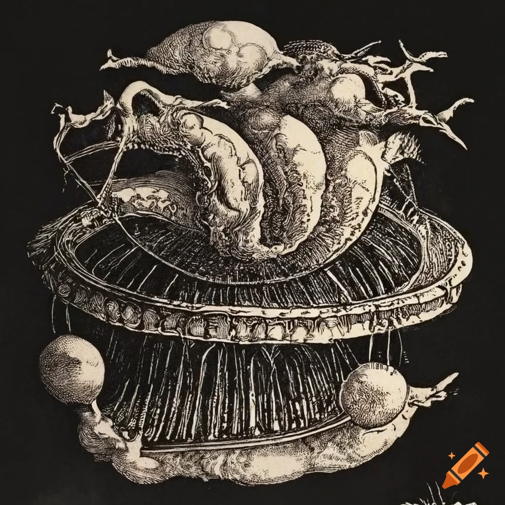 Floating sea slugs in the sky in a 15th century style