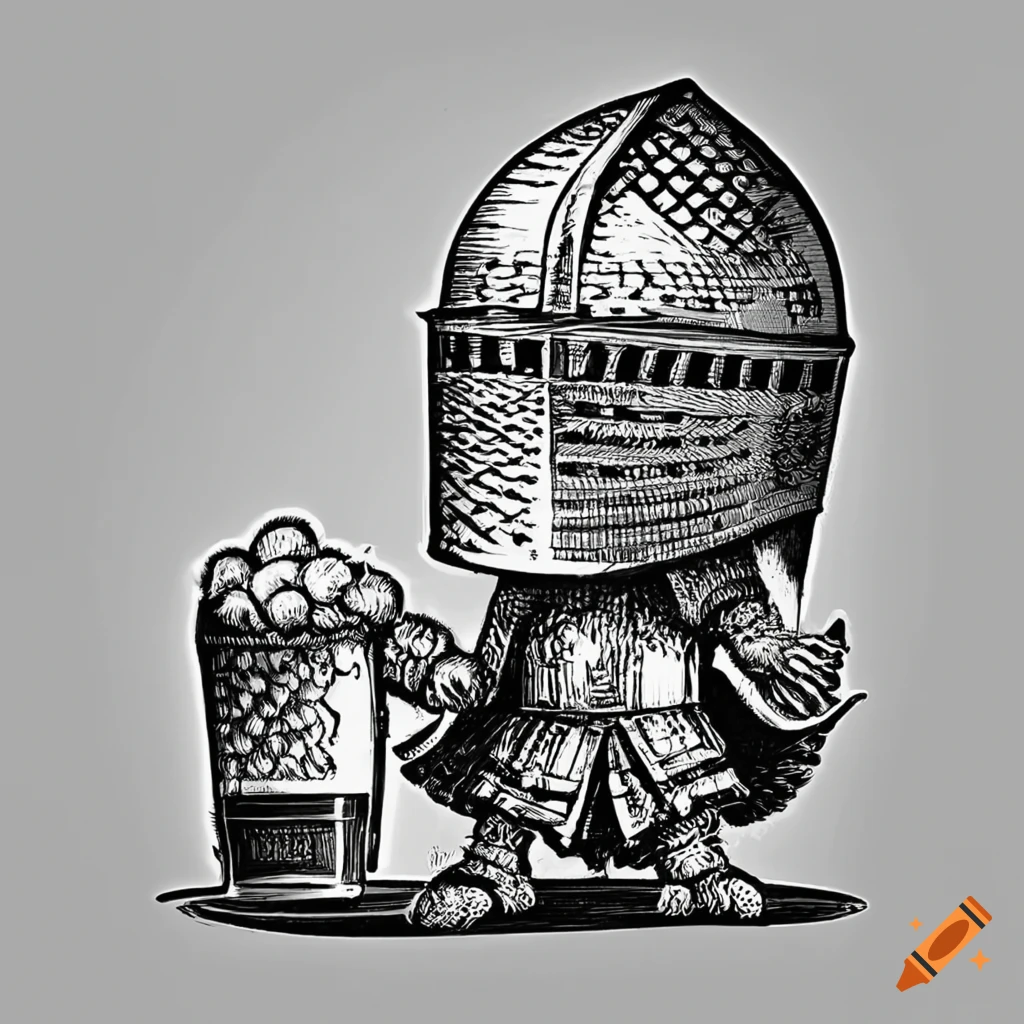 Knight enjoying a beer in a humorous engraving