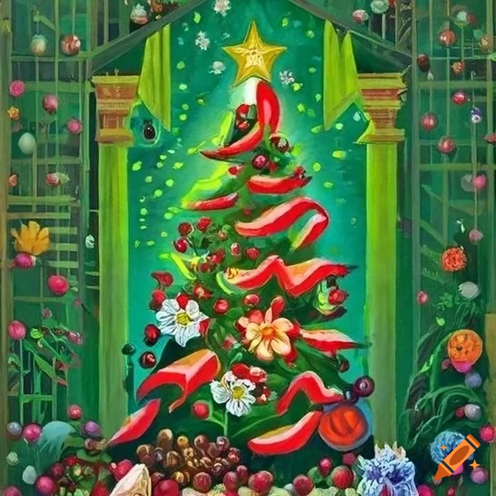 Artistic christmas tree with flowers, fruit, and berries in various