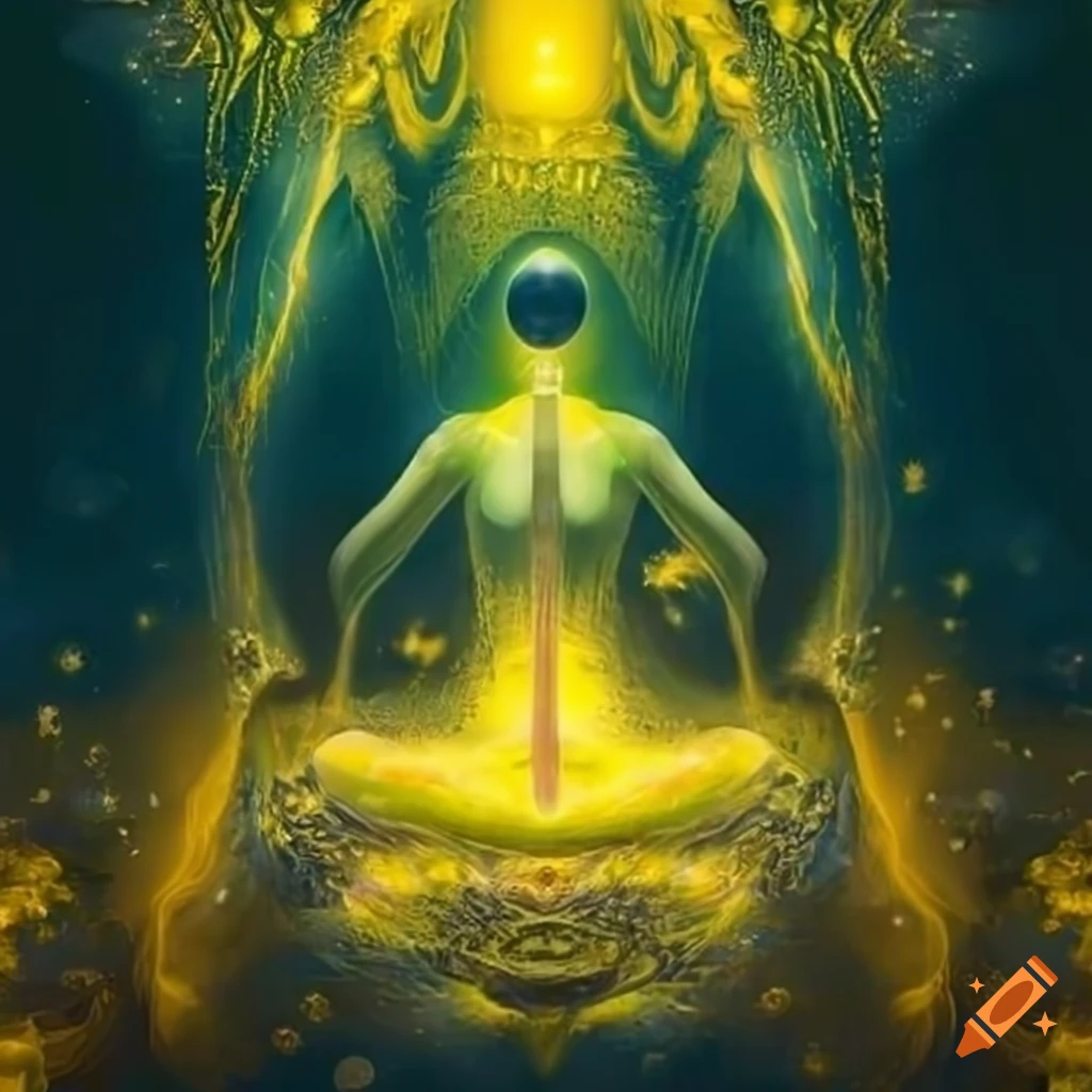 Incarnation of wisdom with a yellow science fantasy background