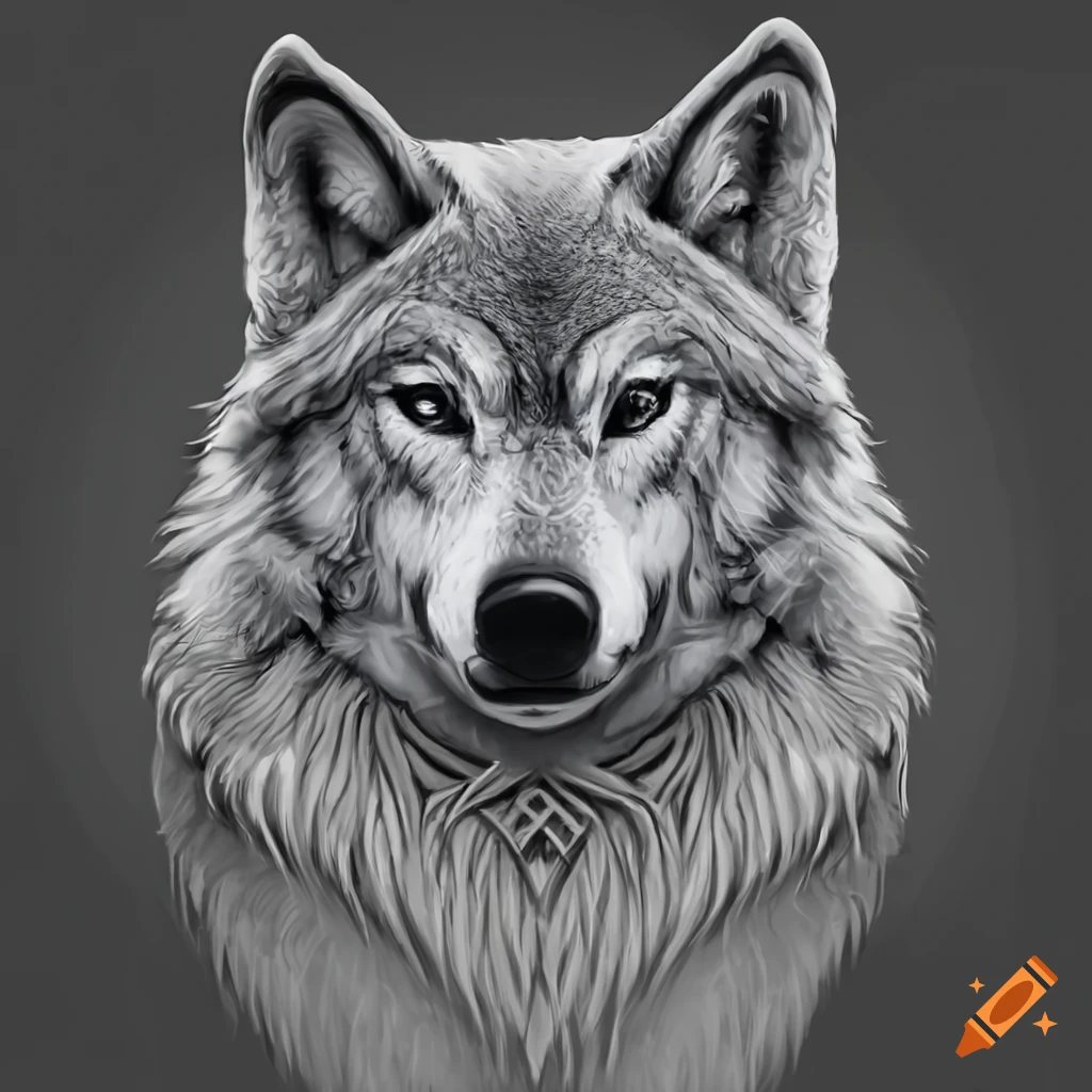 Celtic-inspired black and white wolf head