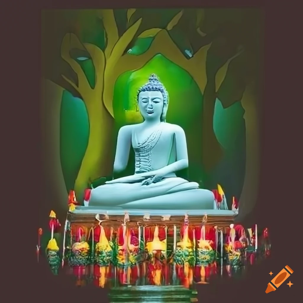 Vesak card featuring lotus flower, Bodhi tree, Buddha statue, and stupa