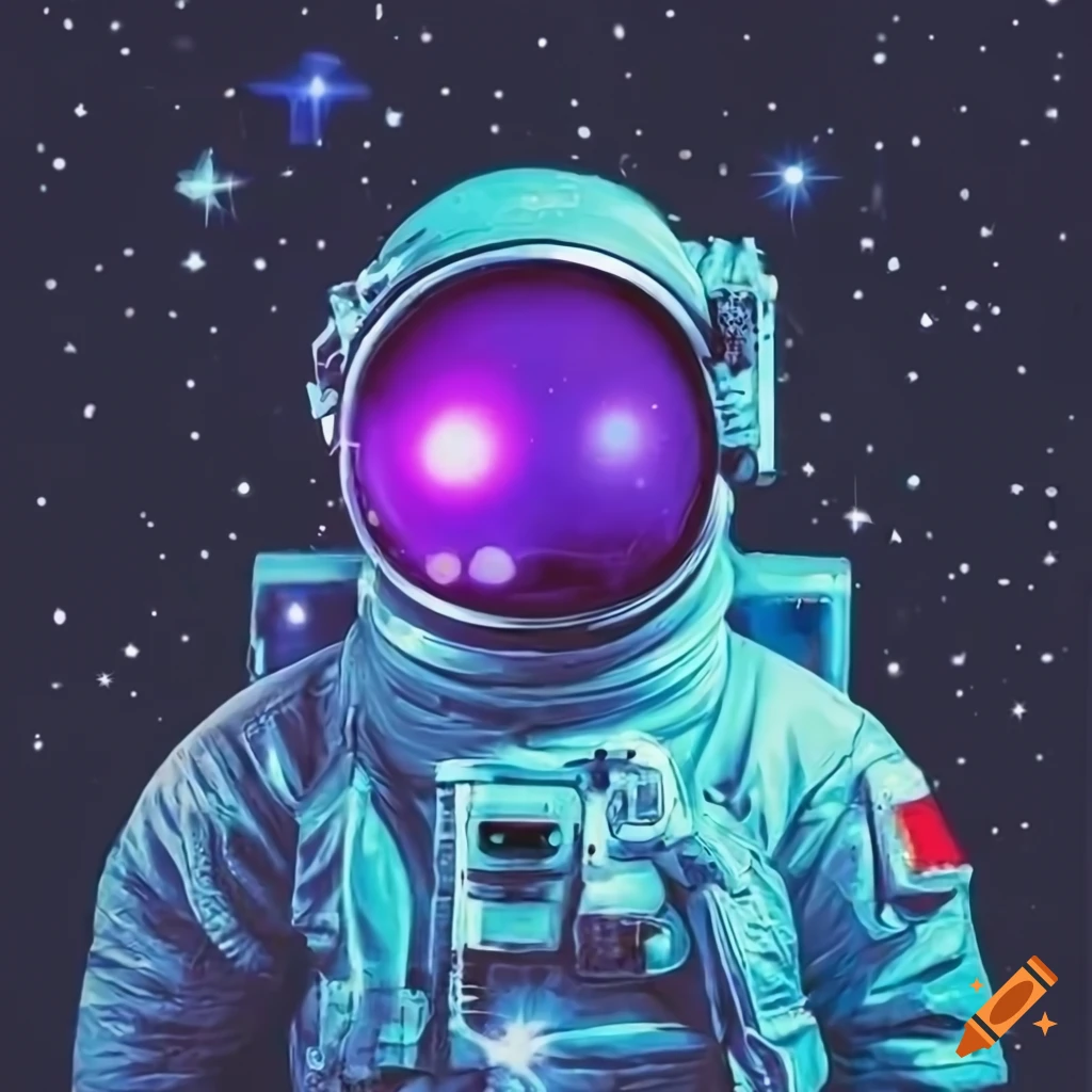 Astronaut in light blue spacesuit with cosmic background