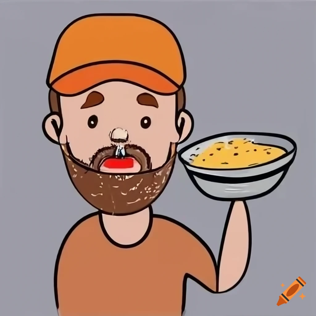 Middle-aged man with orange cap holding a bowl of mac and cheese
