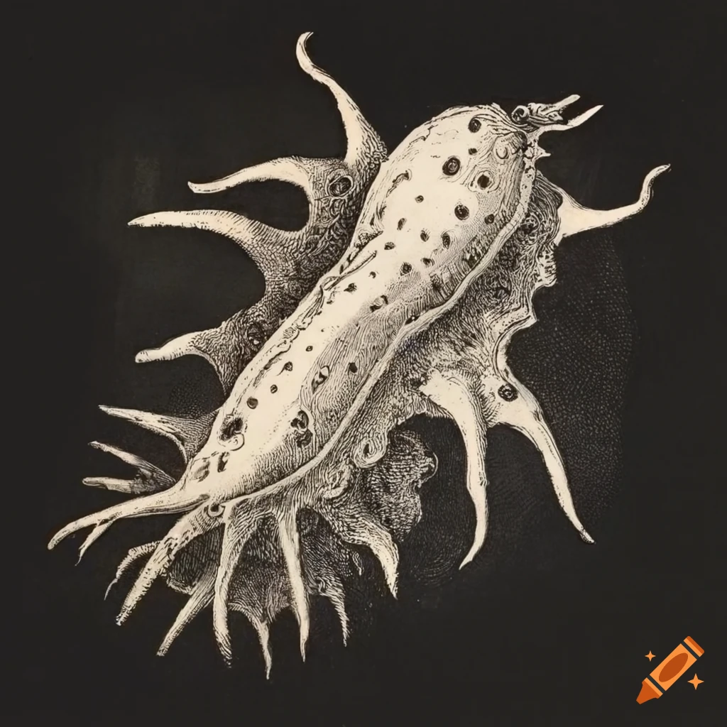 Human-like sea slugs floating in the sky in 15th-century style engraving