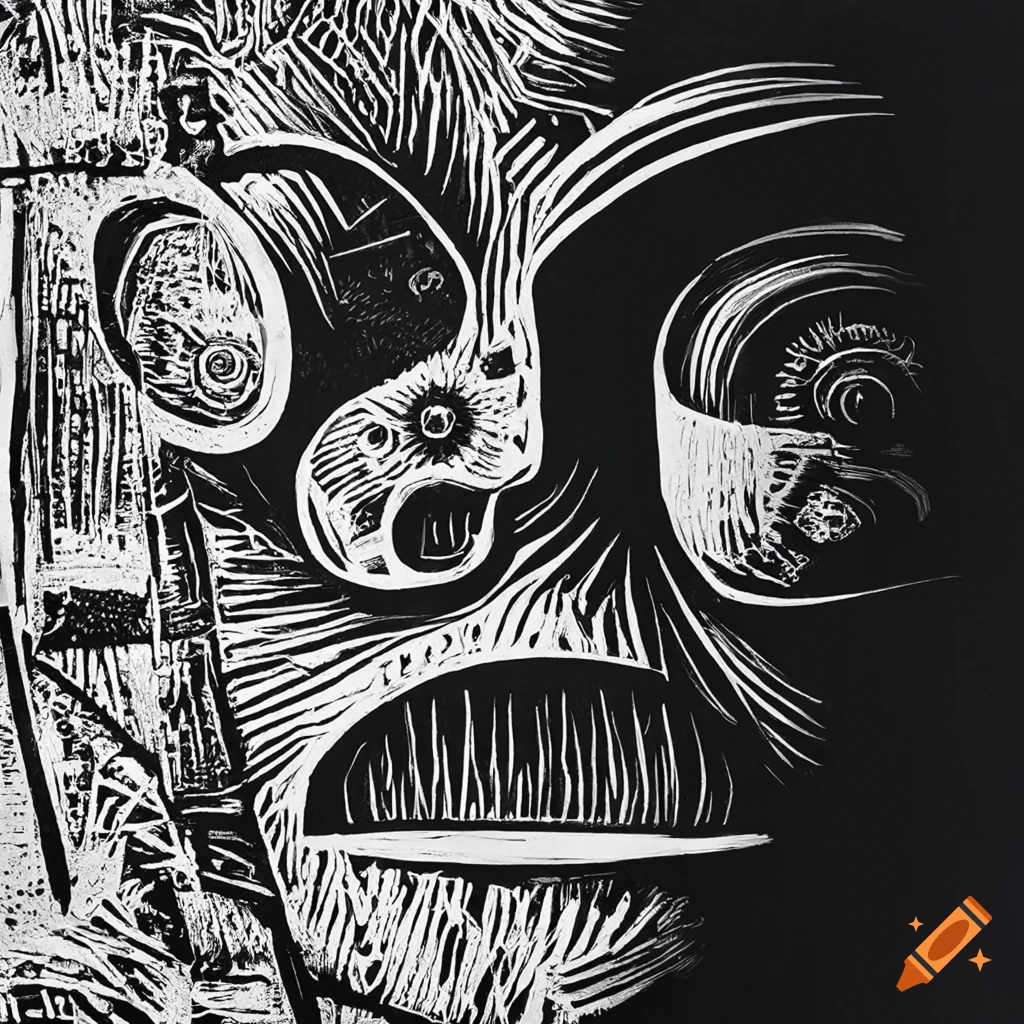 4k linoprint of men surrounded by mysterious objects in surreal alien mask