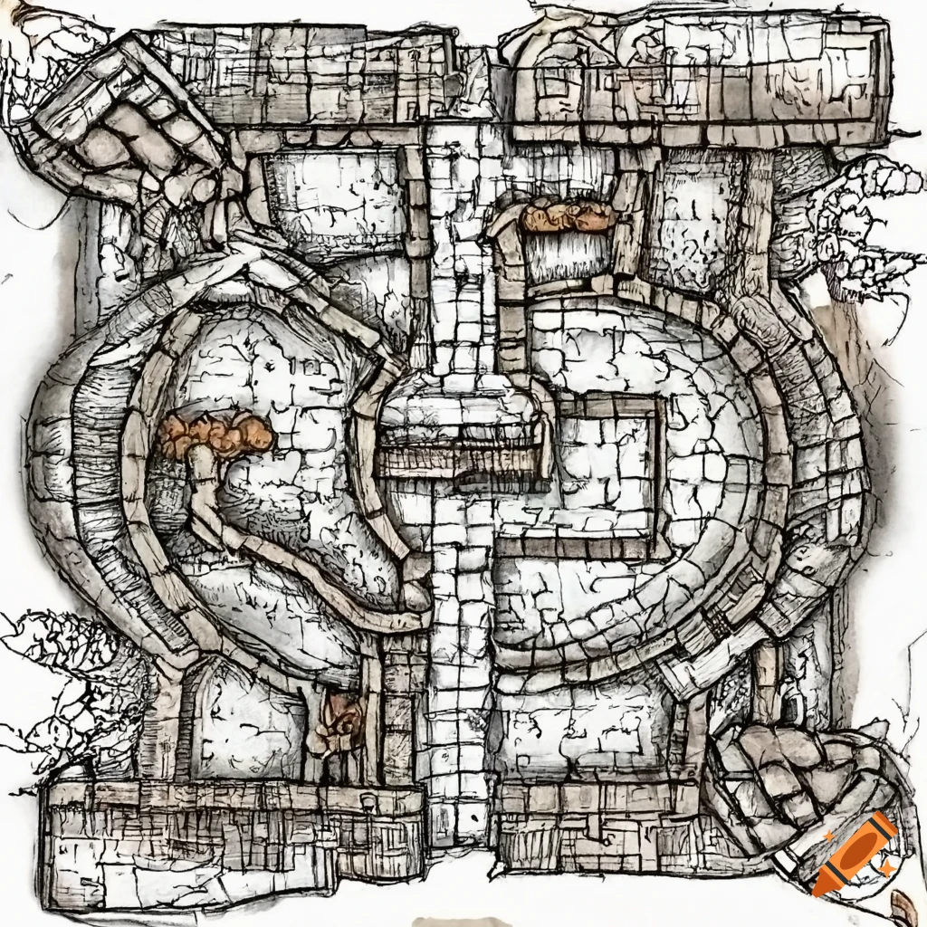 Hand-drawn D&D dungeon map with intricate layout and twisted tunnels