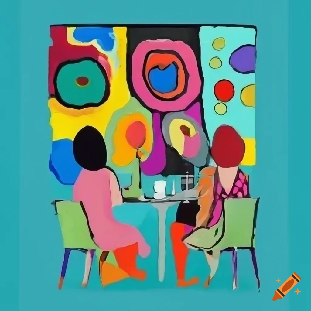 Colorful painting of four ladies at lunch in flat design style by Kandinsky and Karel Appel