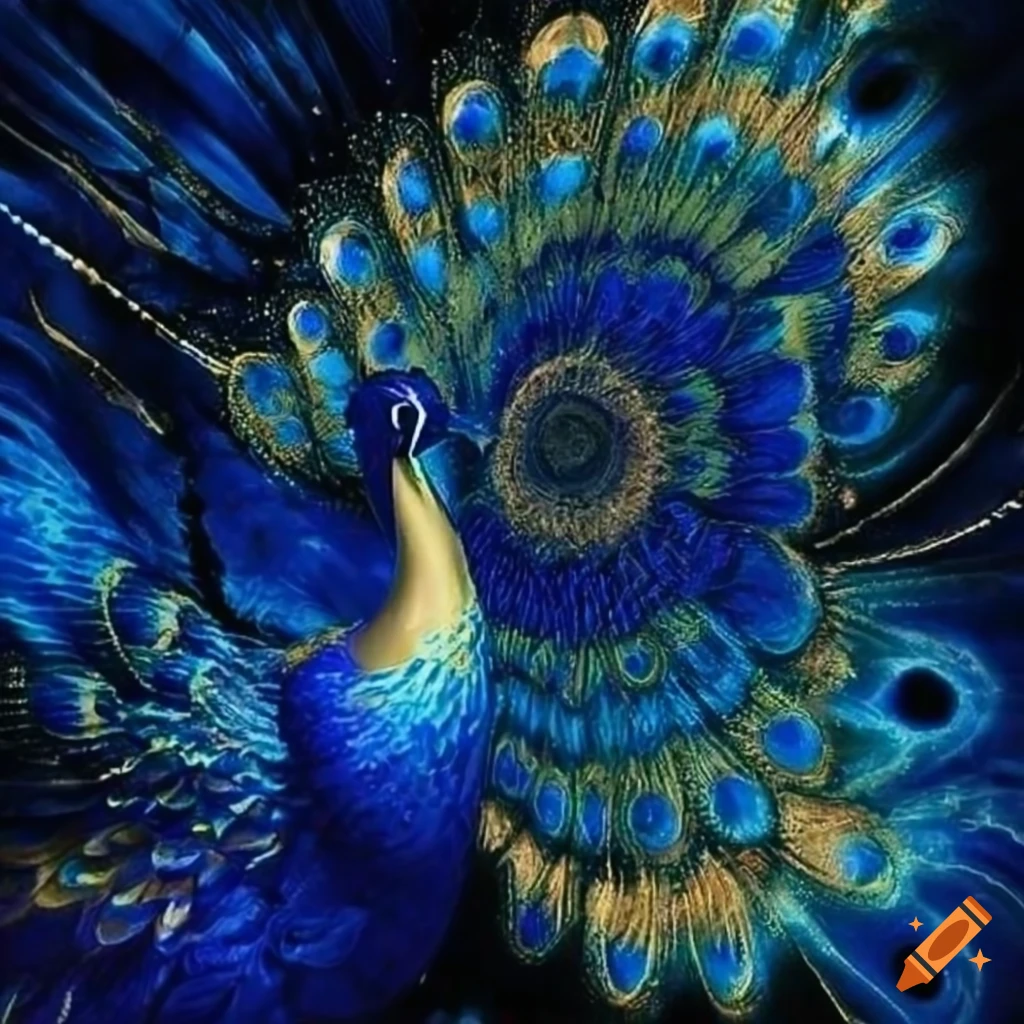 Dark blue metallic peacock with gold elements in spiritual expressionism style