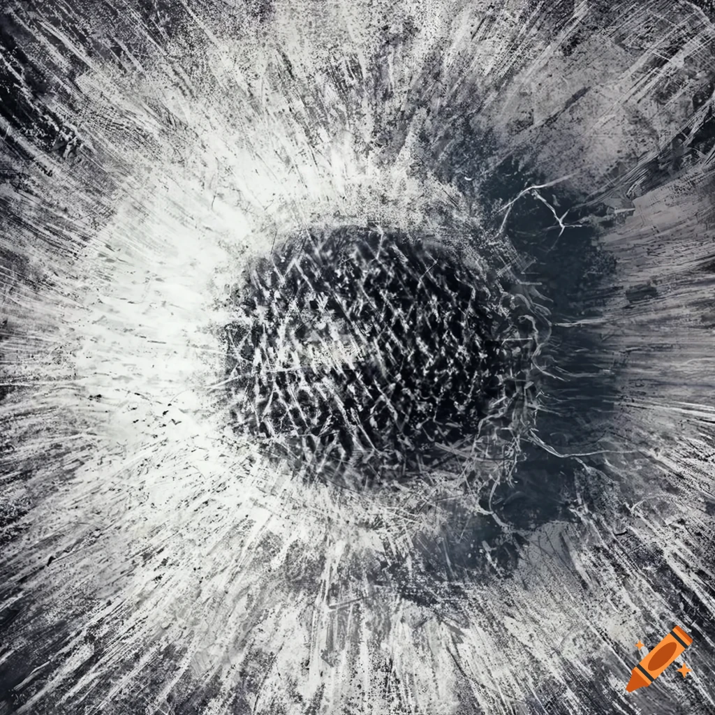 Abstract sun with gray lines on white canvas in sludge-metal style