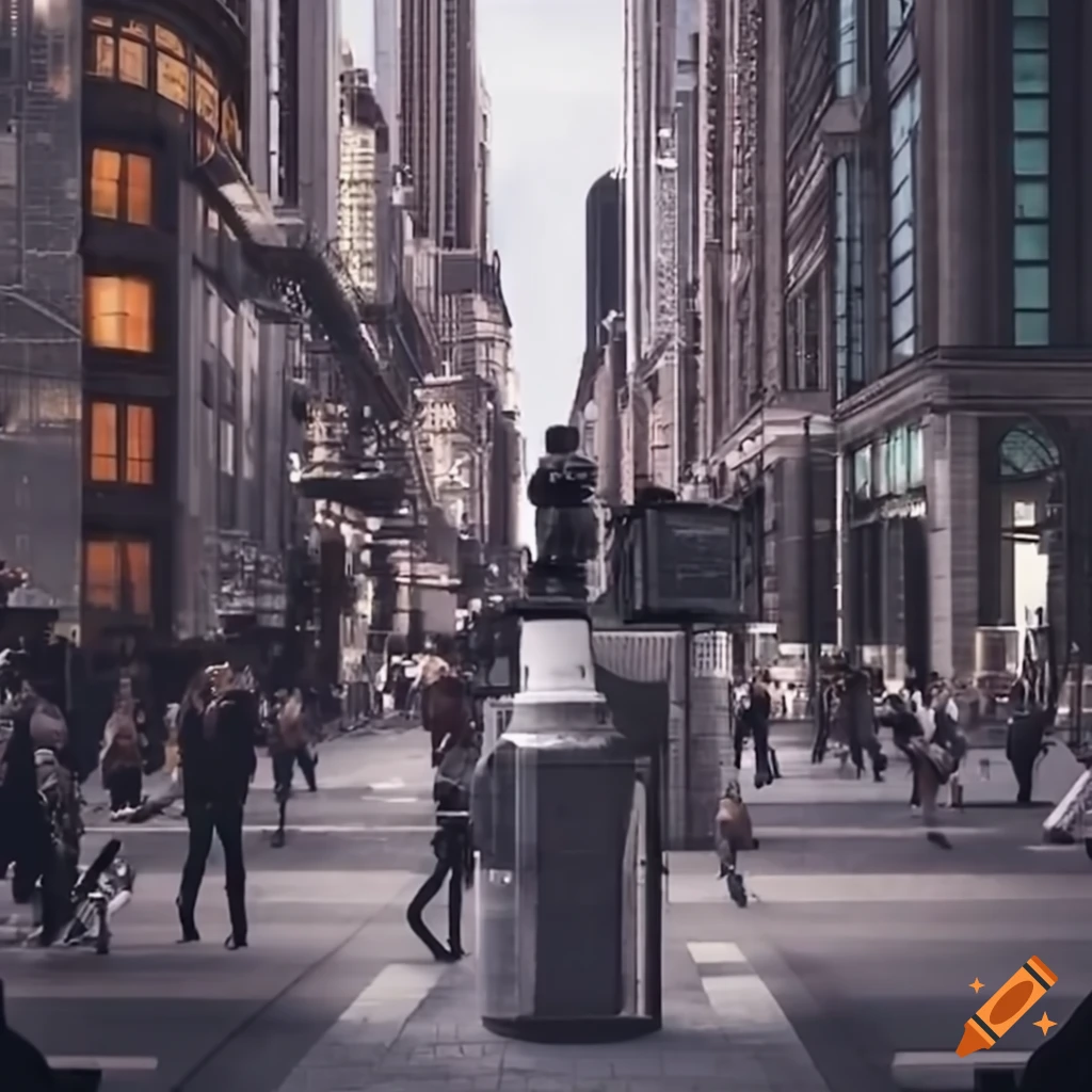 Journalist reporting live from a city street with skyscrapers and busy crowds