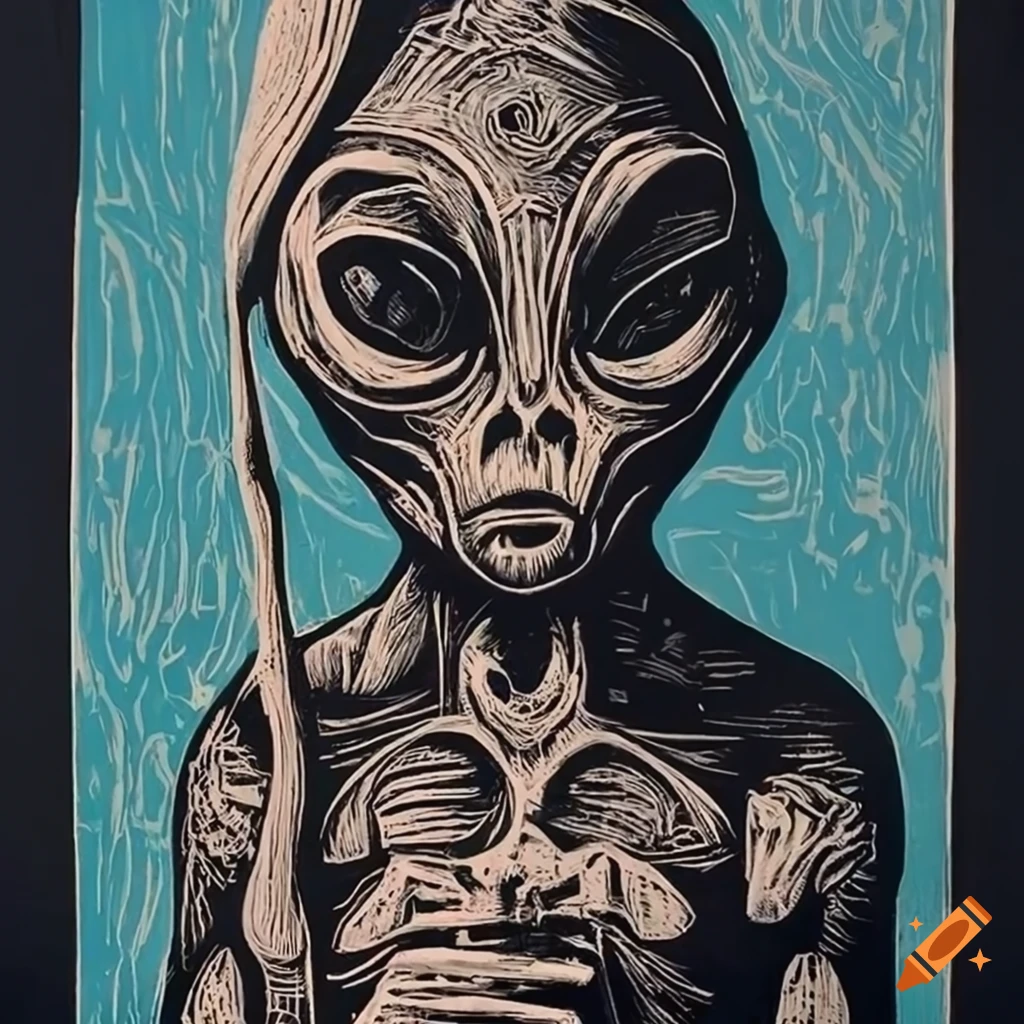 4k linoprint of men surrounded by mysterious objects in surreal alien mask