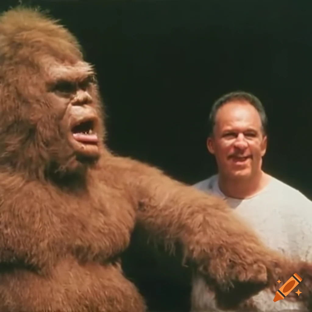 Man standing next to a giant hairy bigfoot golem in prehistoric setting