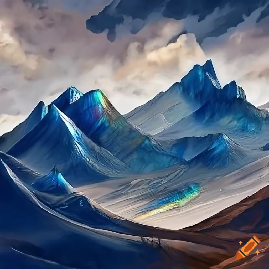 Giant glimmering Labradorite spires in a mountainous landscape under a gray sky