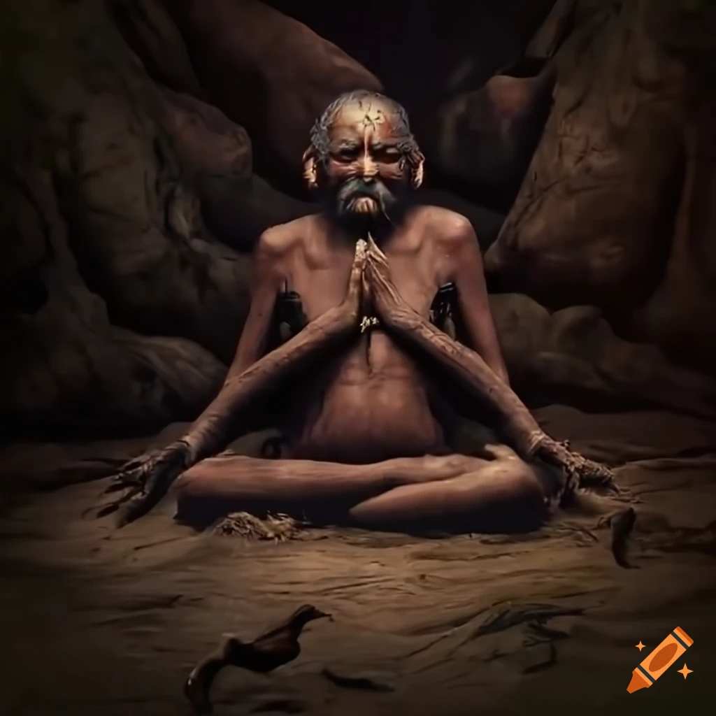 Tribal guru meditating in cybernetic wasteland with pixelated trees and raven