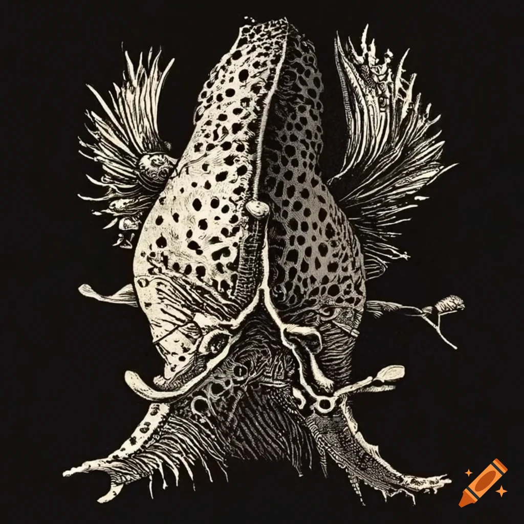 Engraving of flying human sea slugs in a fantastical composition reminiscent of Albrecht Durer's style
