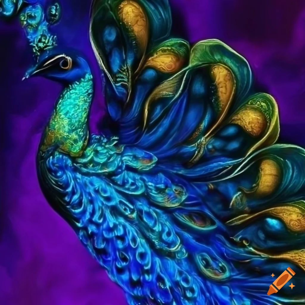 Dark blue metallic peacock with gold elements in spiritual expressionism style