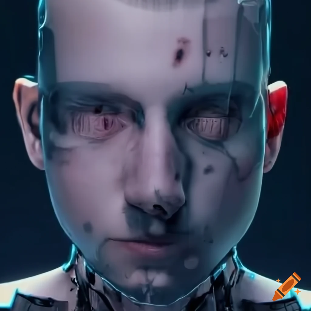 Photorealistic image of a male cyborg in futuristic transparent streetwear in deep space