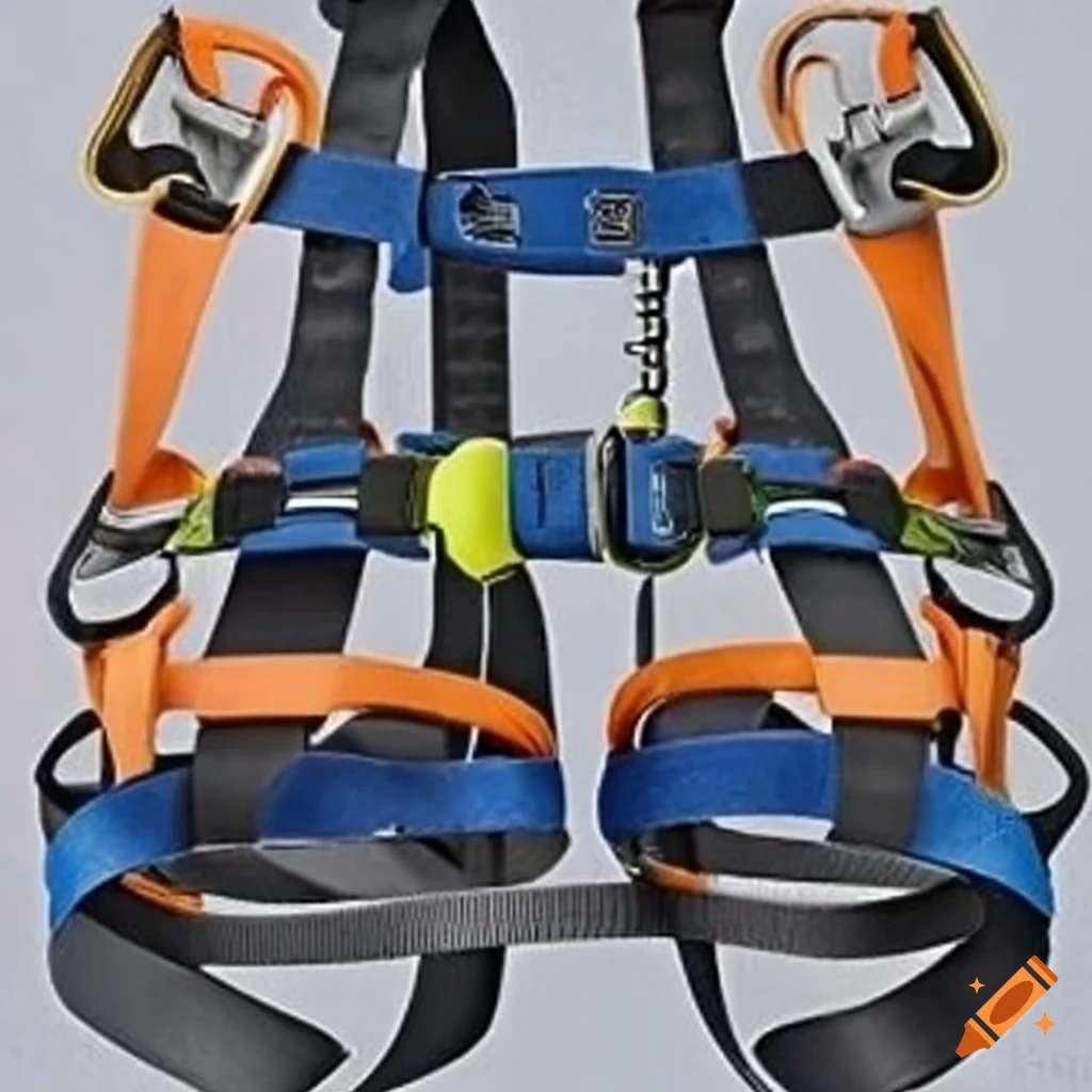 Climbing equipment including colorful metal harnesses, professional gear, ropes from 30 to 60 meters, and lightweight helmets