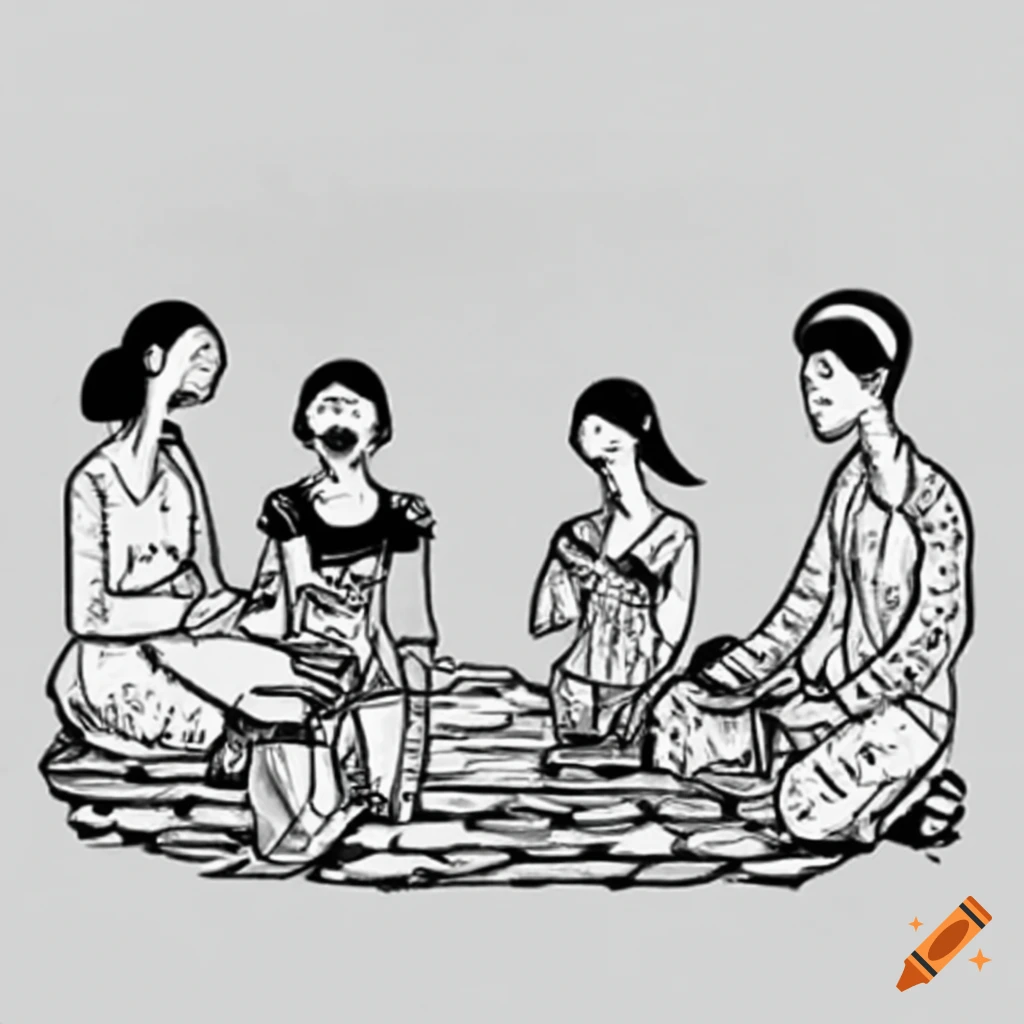 Joyful black-and-white picnic scene with friends sharing laughter
