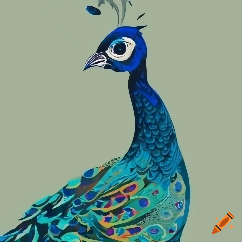 Peacock illustration in woodcut style with halftoning colored shapes