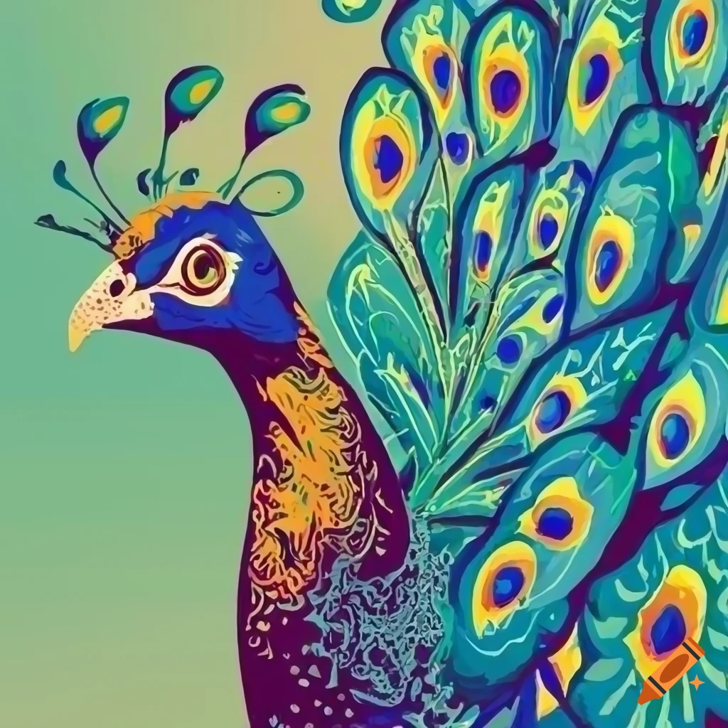 Peacock illustration in woodcut style with halftoning colored shapes