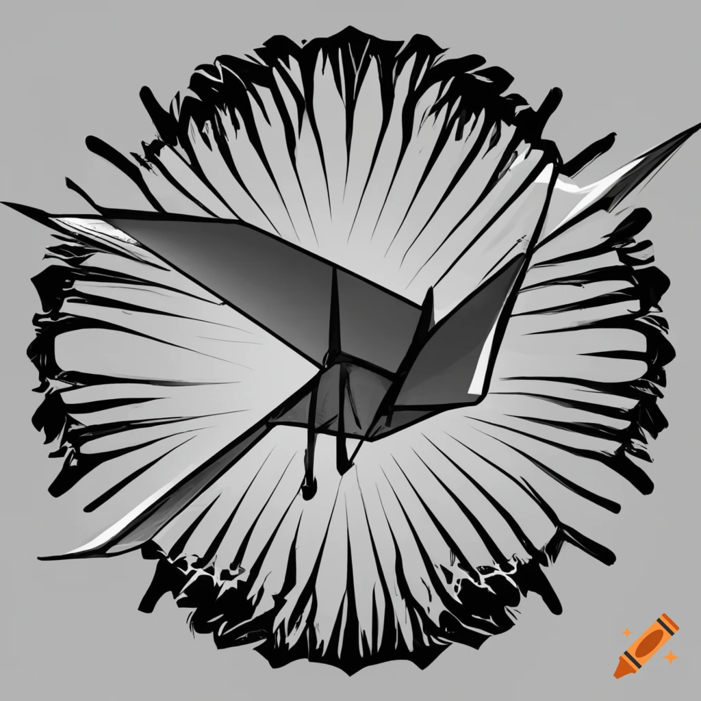 Origami crane with sunrise cartoon