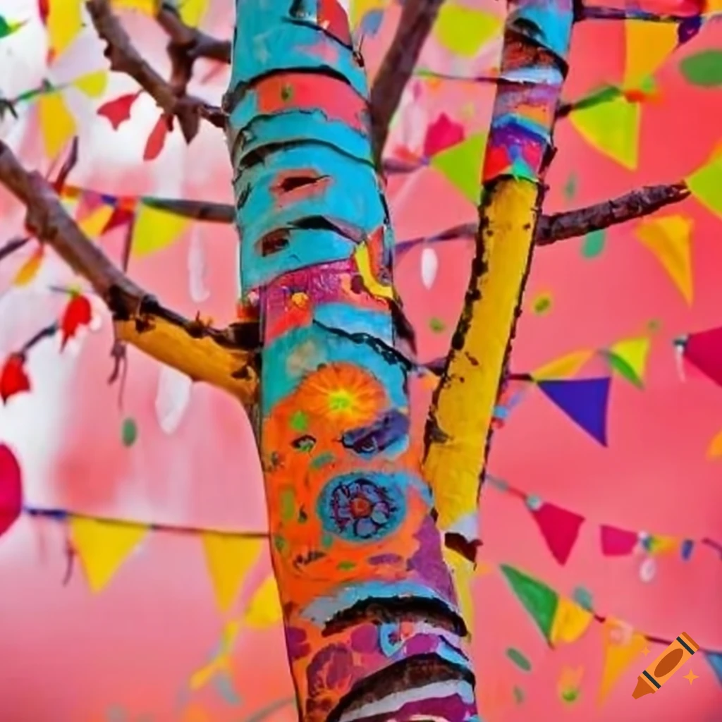 Colorful birch tree in vibrant Mexican folk art style with bunting decoration