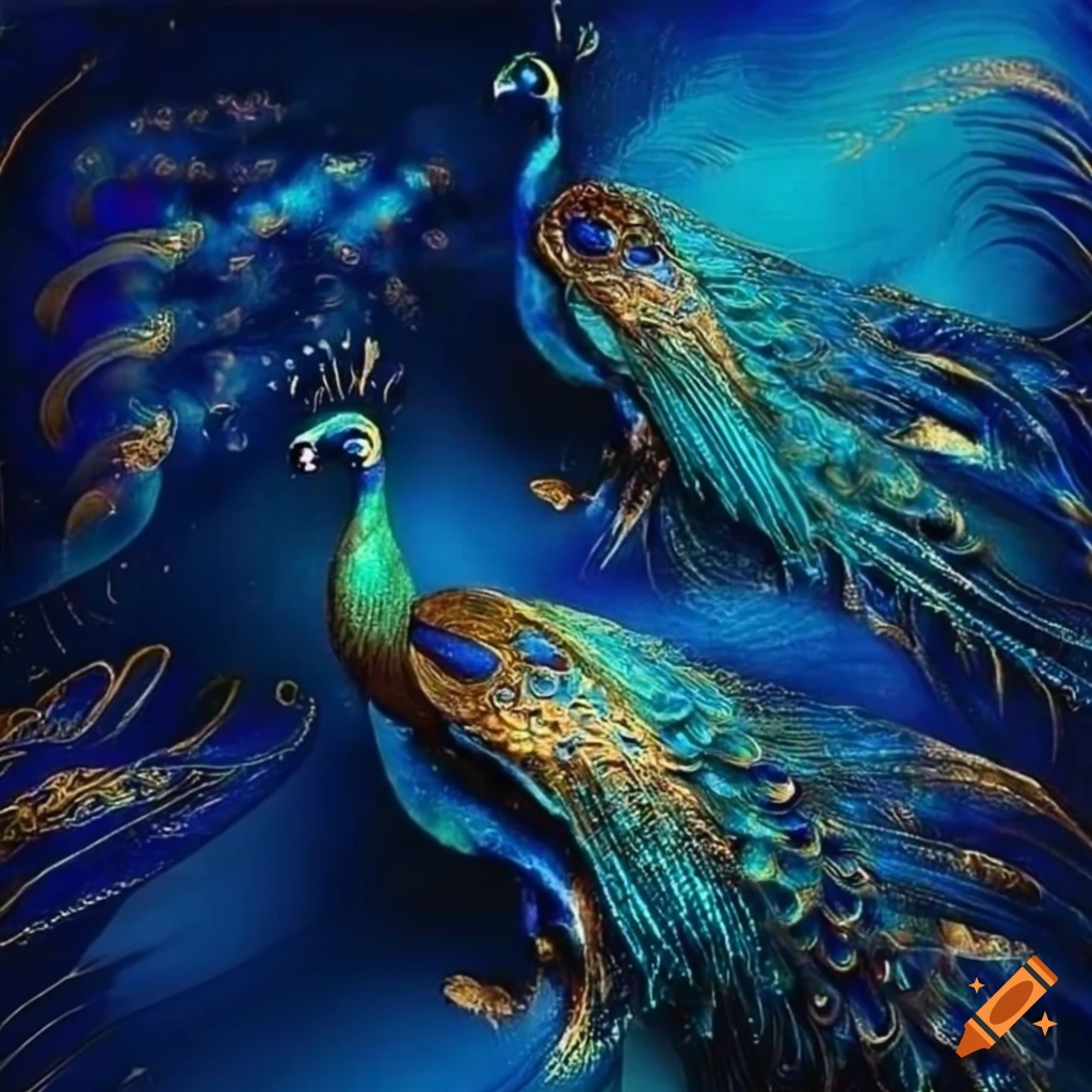 Dark blue metallic peacock with gold elements in spiritual expressionism style