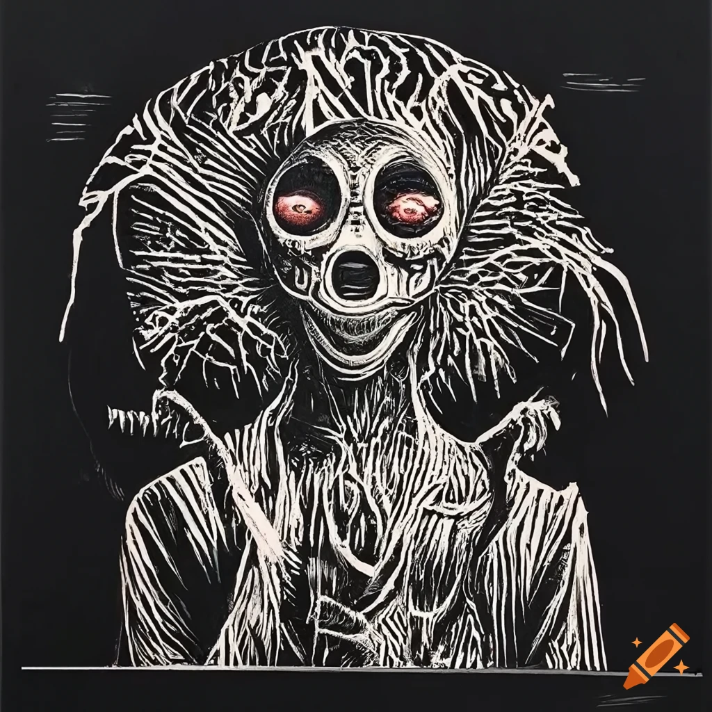 4k linocut men surrounded by strange objects in surreal alien animal mask family