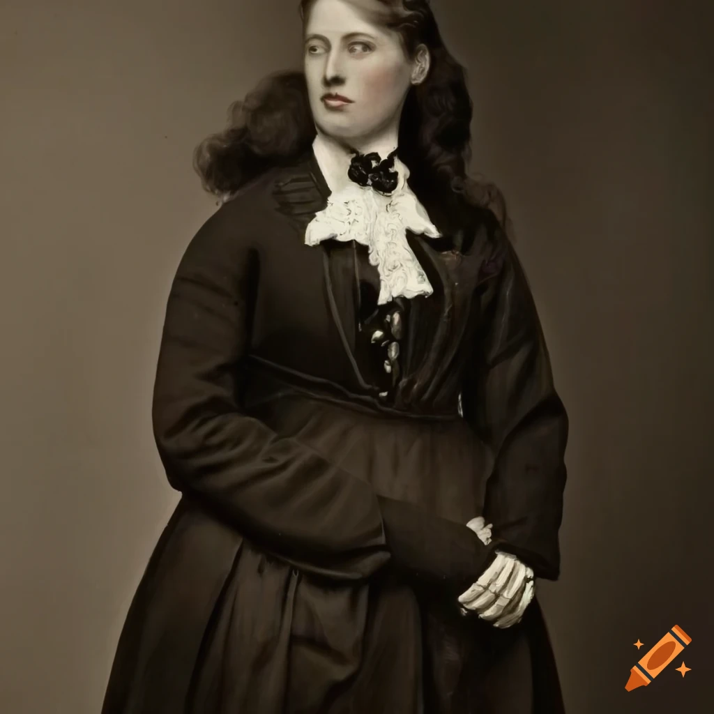 XIX century woman in male elegant suit with black disheveled hair