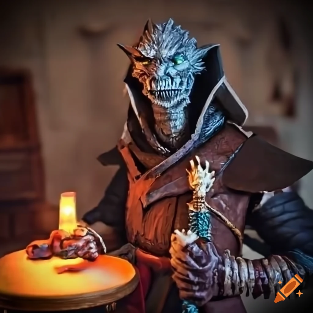 Black dragonborn sorcerer in a tavern