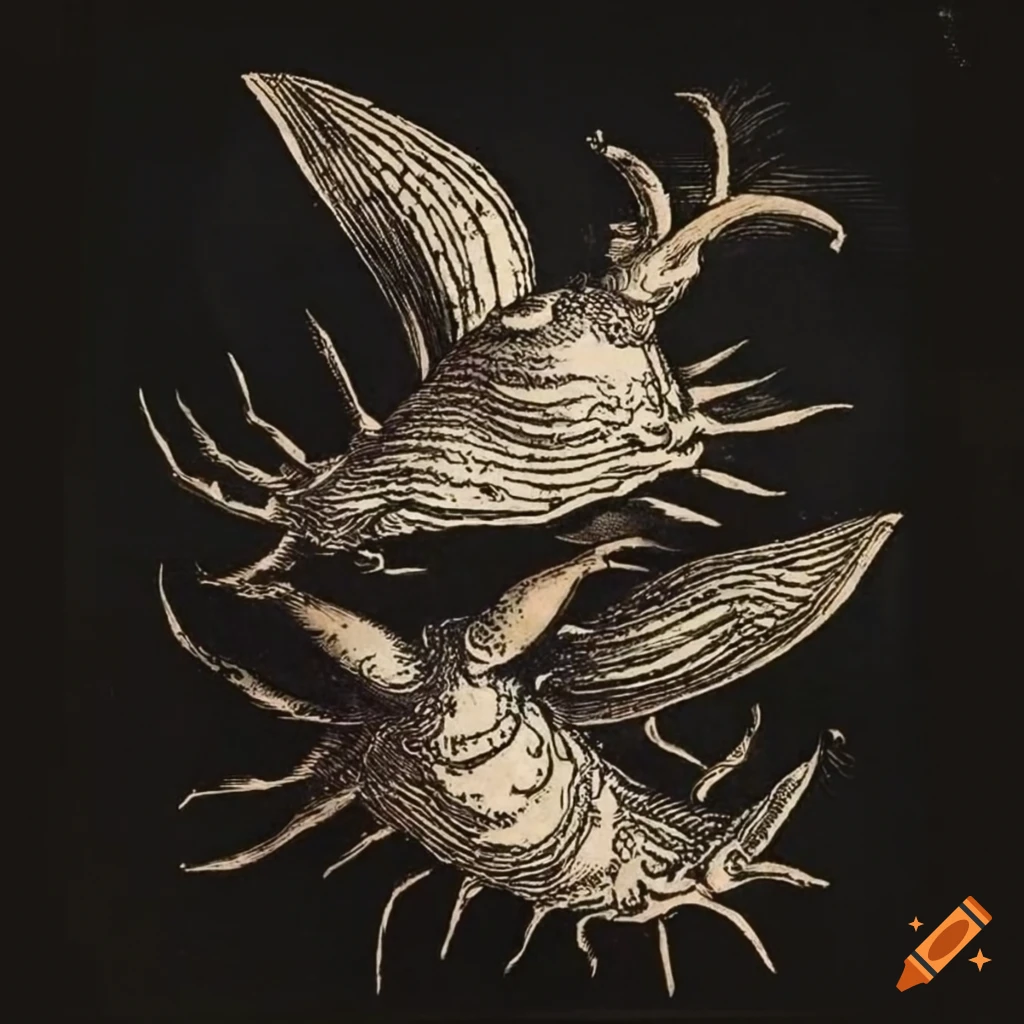 Sea slugs flying in the sky in 15th-century style