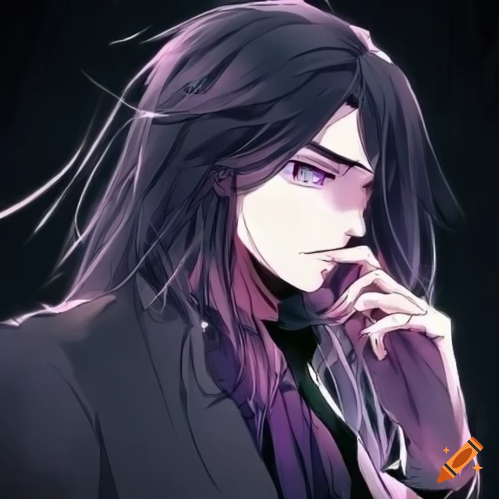 Man with long black hair and purple eyes in anime style