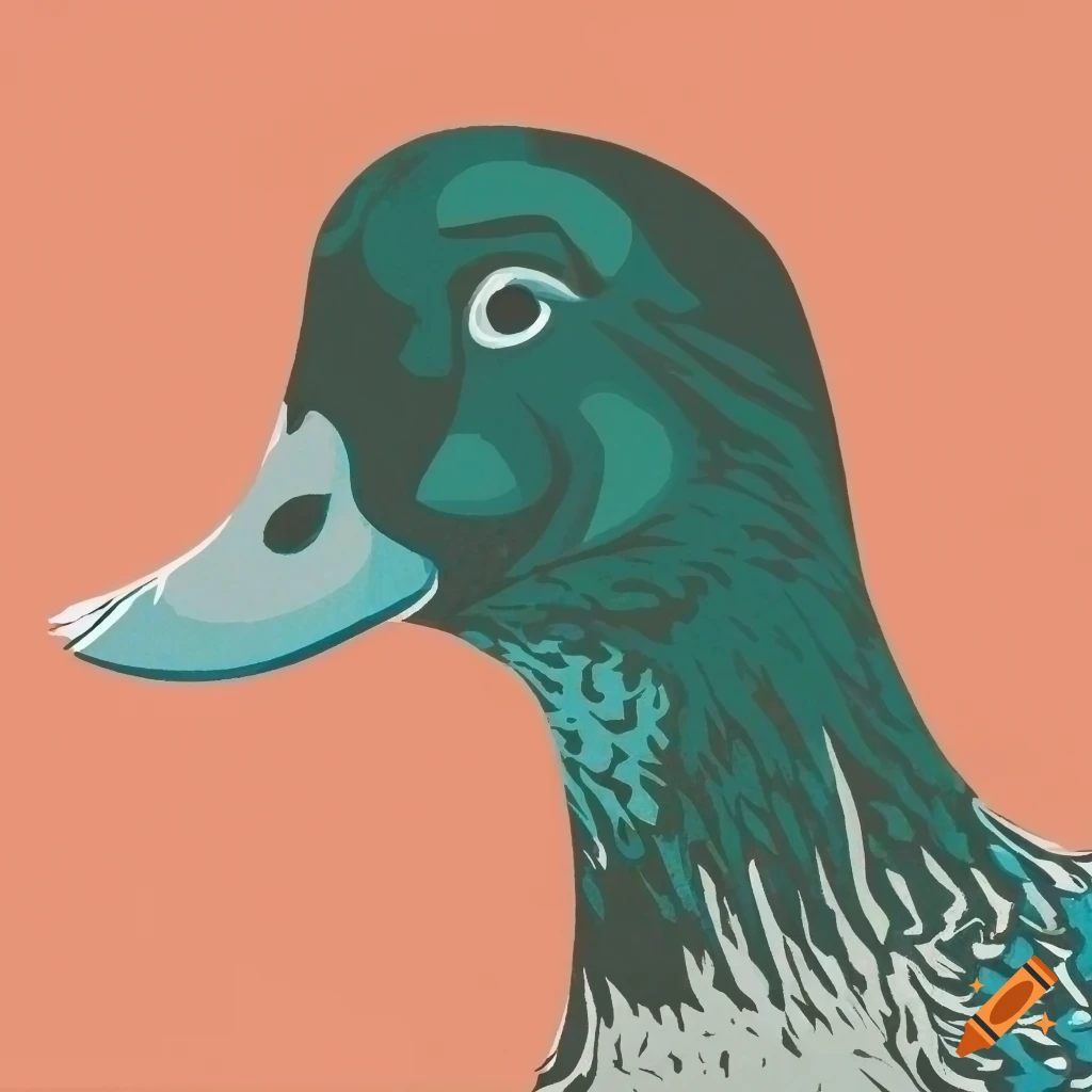 Wild duck illustration in woodcut style with halftoning colored shapes