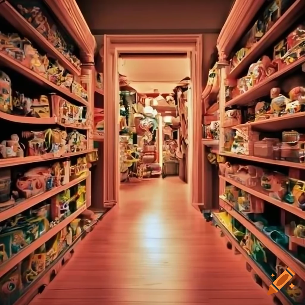Toy shop corridor between two shelves of toys