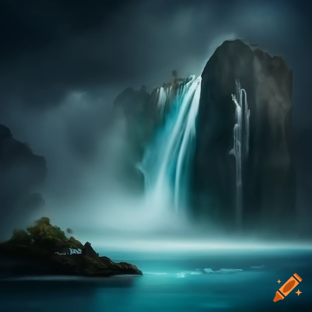 Free flying islands around mysterious dark clouds with a waterfall, inspired by Roger Dean, ultra wide angle
