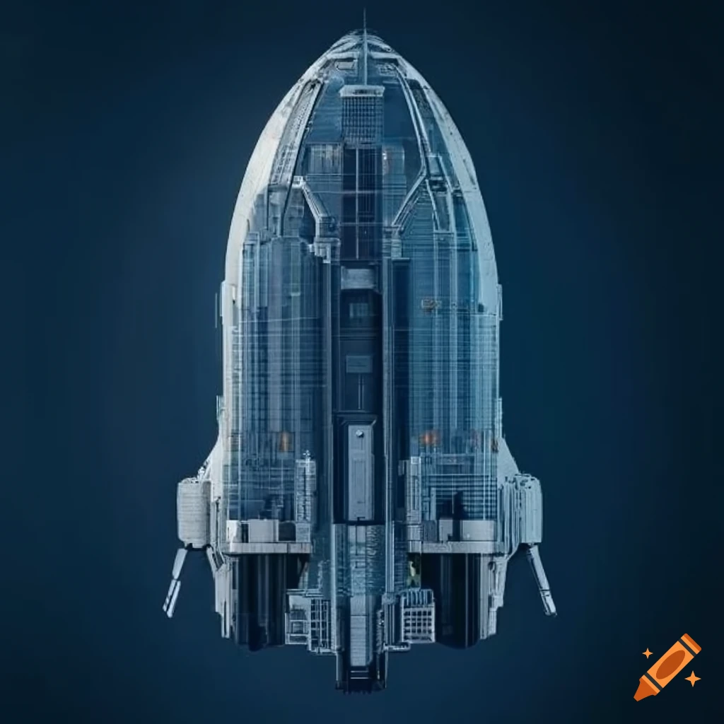 Detailed blueprint of a sleek spaceship with dimensions and technical specifications